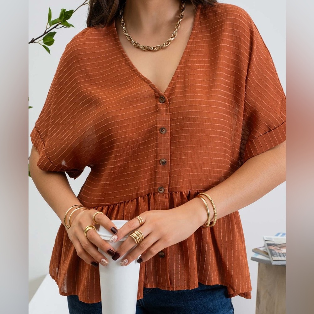 Anthropologie Blu Pepper Women’s Button Down Peplum Blouse Top Copper Size L NWT